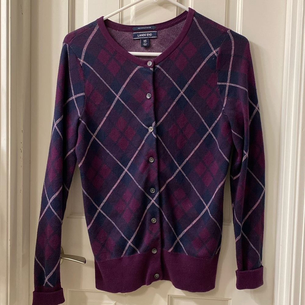 Lands end plum and navy blue button up sweater